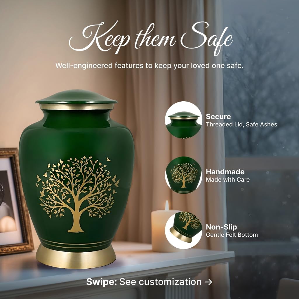AmericUrn Green Tree of Life Cremation Urns for Human Ashes – Adult Female and Male Memorial Set of 6 with 1 Large Urn, 4 Keepsake Urns & 1 Necklace Urn