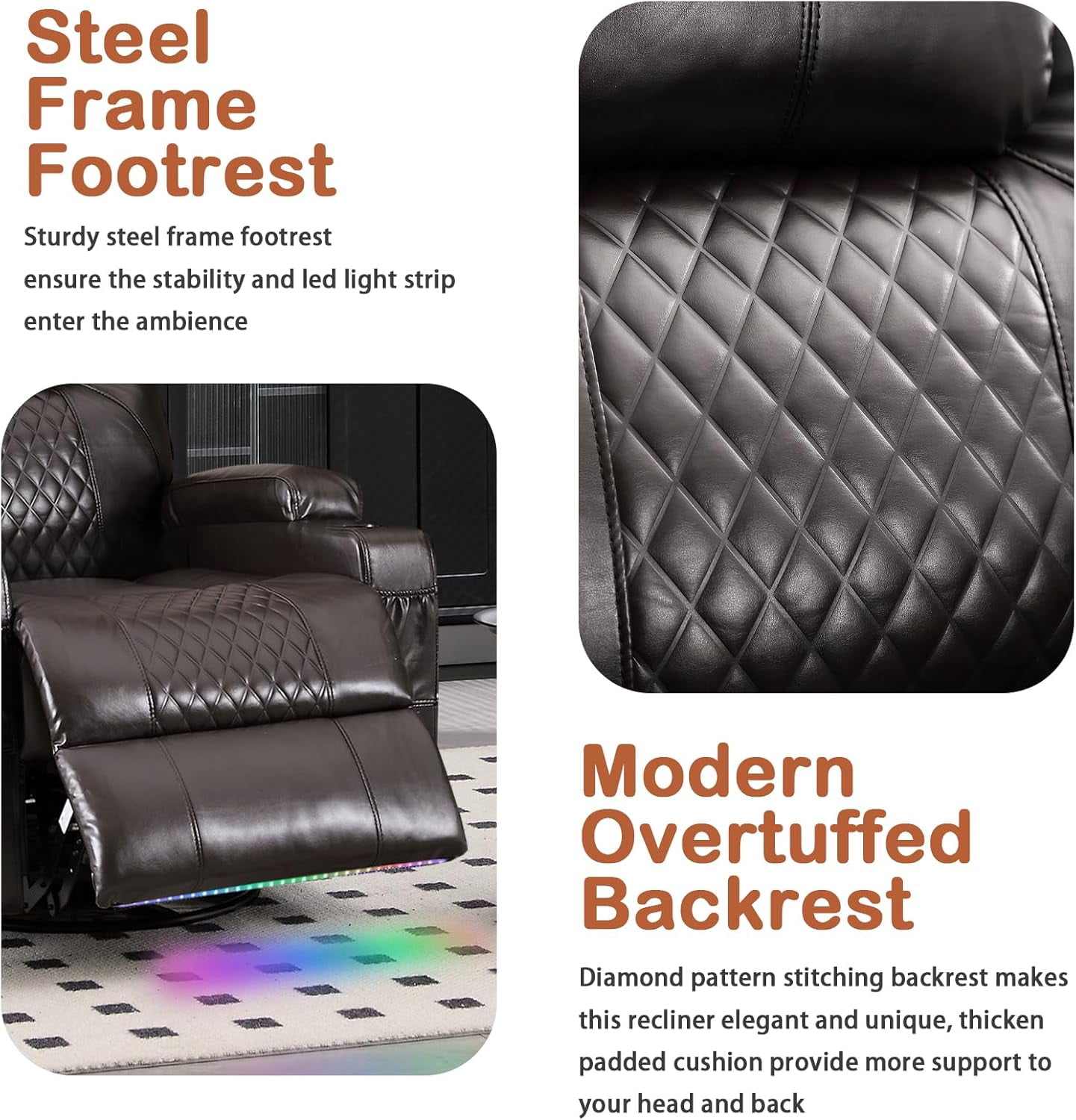 QJTC Power Rocker Recliner Chair with Heat and Massage, 240° Swivel Recliner Chair with Cup Holder/LED Lights/USB Ports, Brown