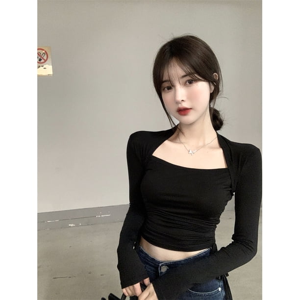VISgogo Tops de manga larga para mujer con cordón ajustable, ropa de ombligo versión delgada de color sólido VISgogo moda