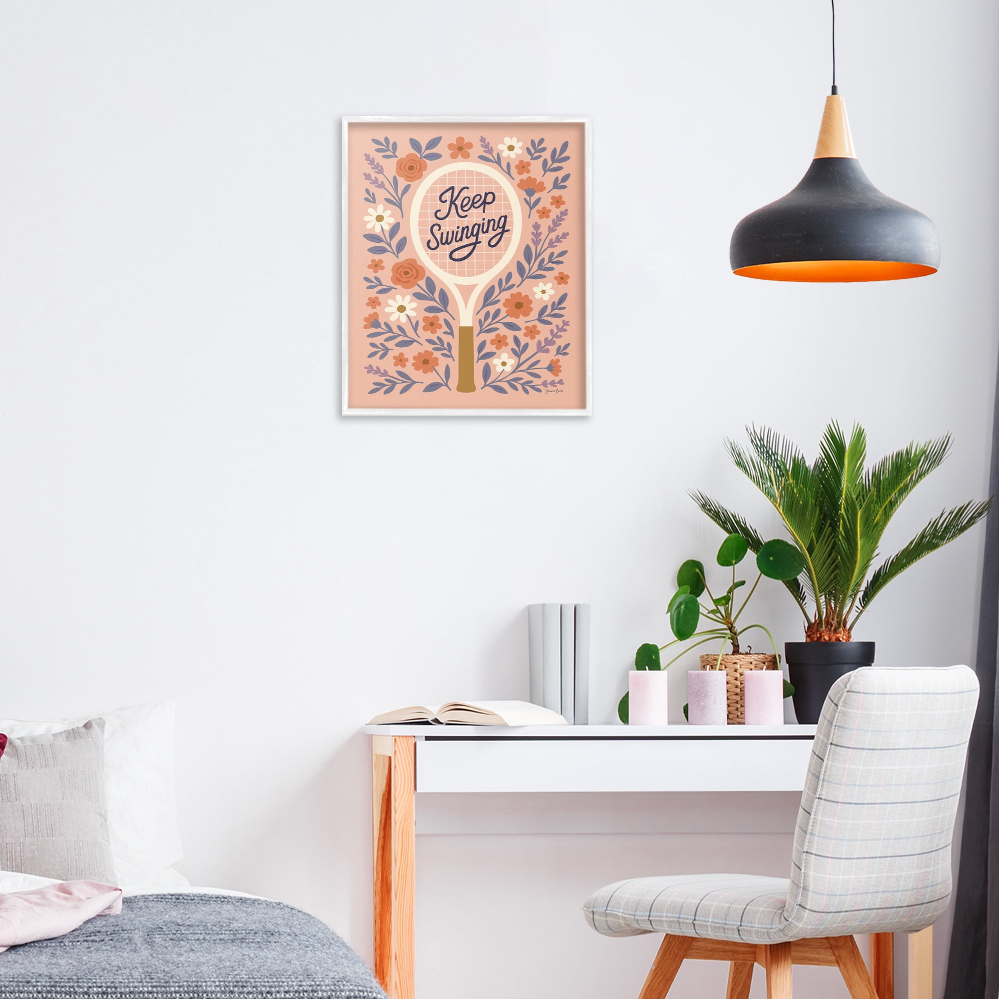 Stupell Industries Keep Swinging Floral Tennis White Framed Giclee Art, design by Jessica Beck