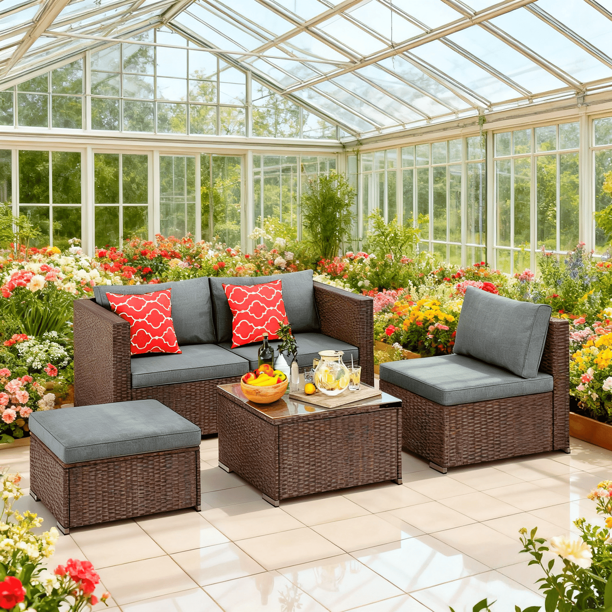 Patio Furniture Set, Asofer  5 Piece Outdoor Conversation Sectionals with Cushions and Tea Table, Gray