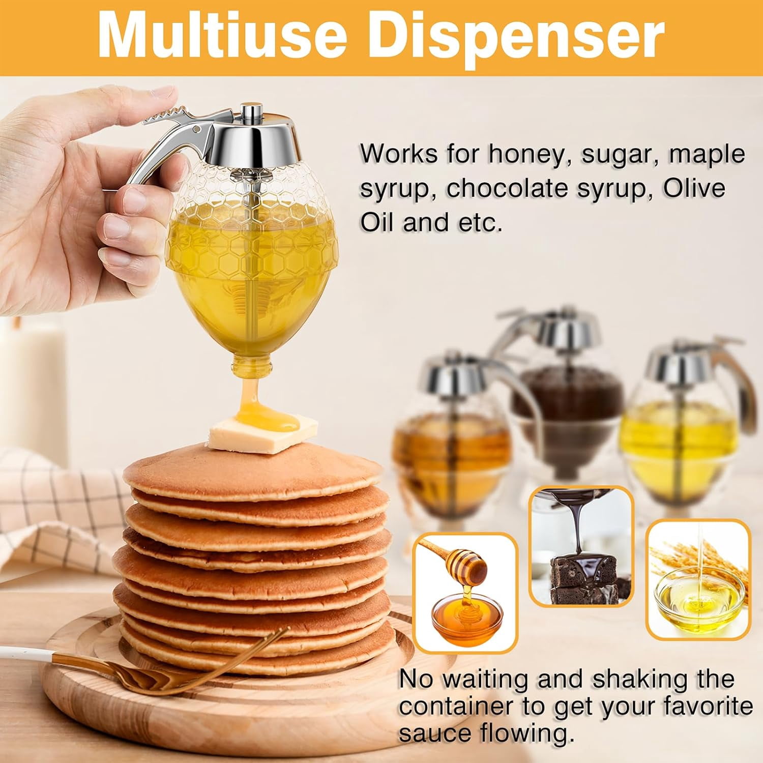 Honey Dispenser No Drip Glass 8 oz with Plastic Top, Beautiful Honeycomb Shaped Jar Stand - 6" Clear Container, Pot, Maple Syrup Dispenser, Perfect Bee Decoration for Home Kitchen