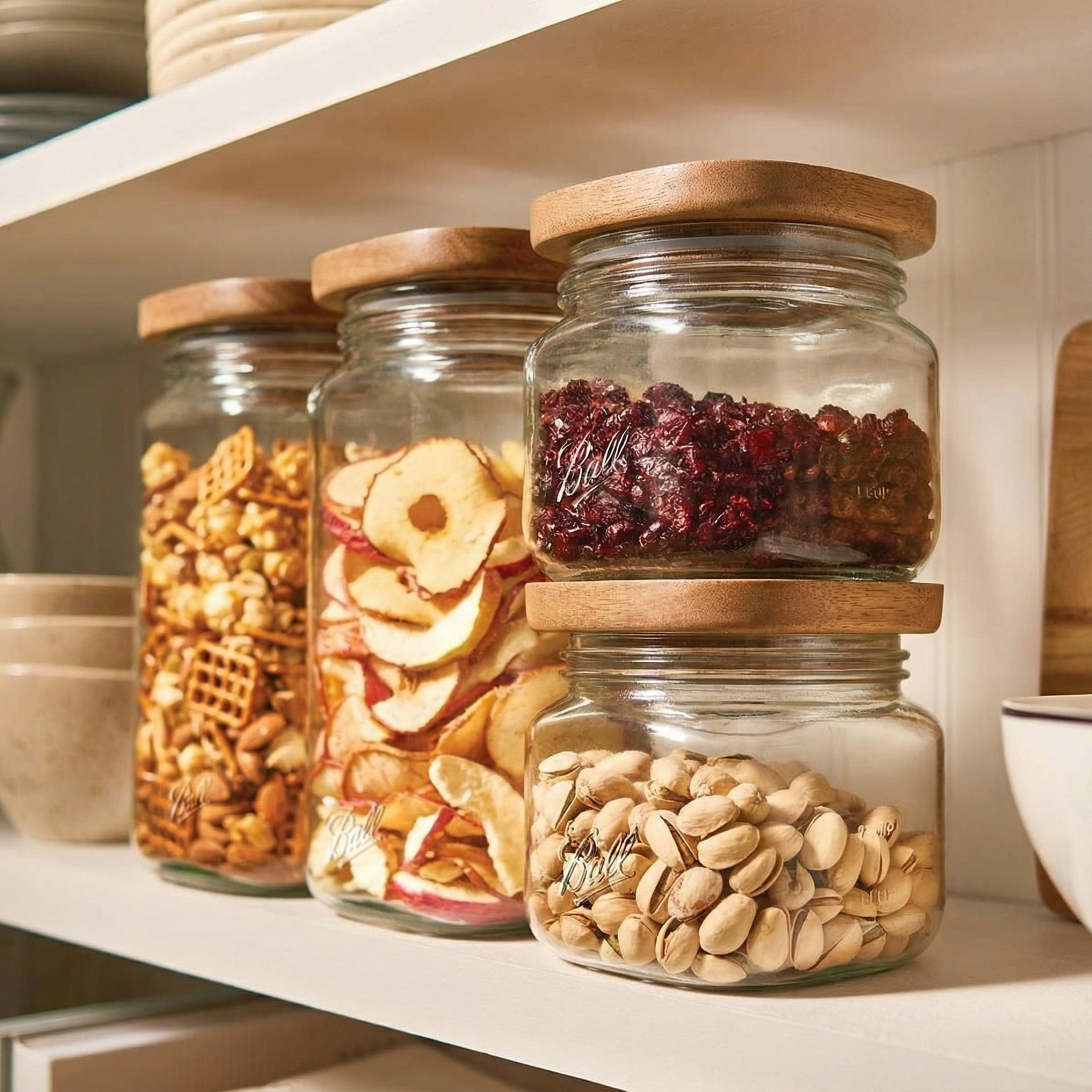 (3 pack) Ball 15.6 Cup Stack & Store Glass Jar with Acacia Wood Lid – Airtight Wide Mouth Glass Storage Container for Pantry, Kitchen, and Countertop Organization