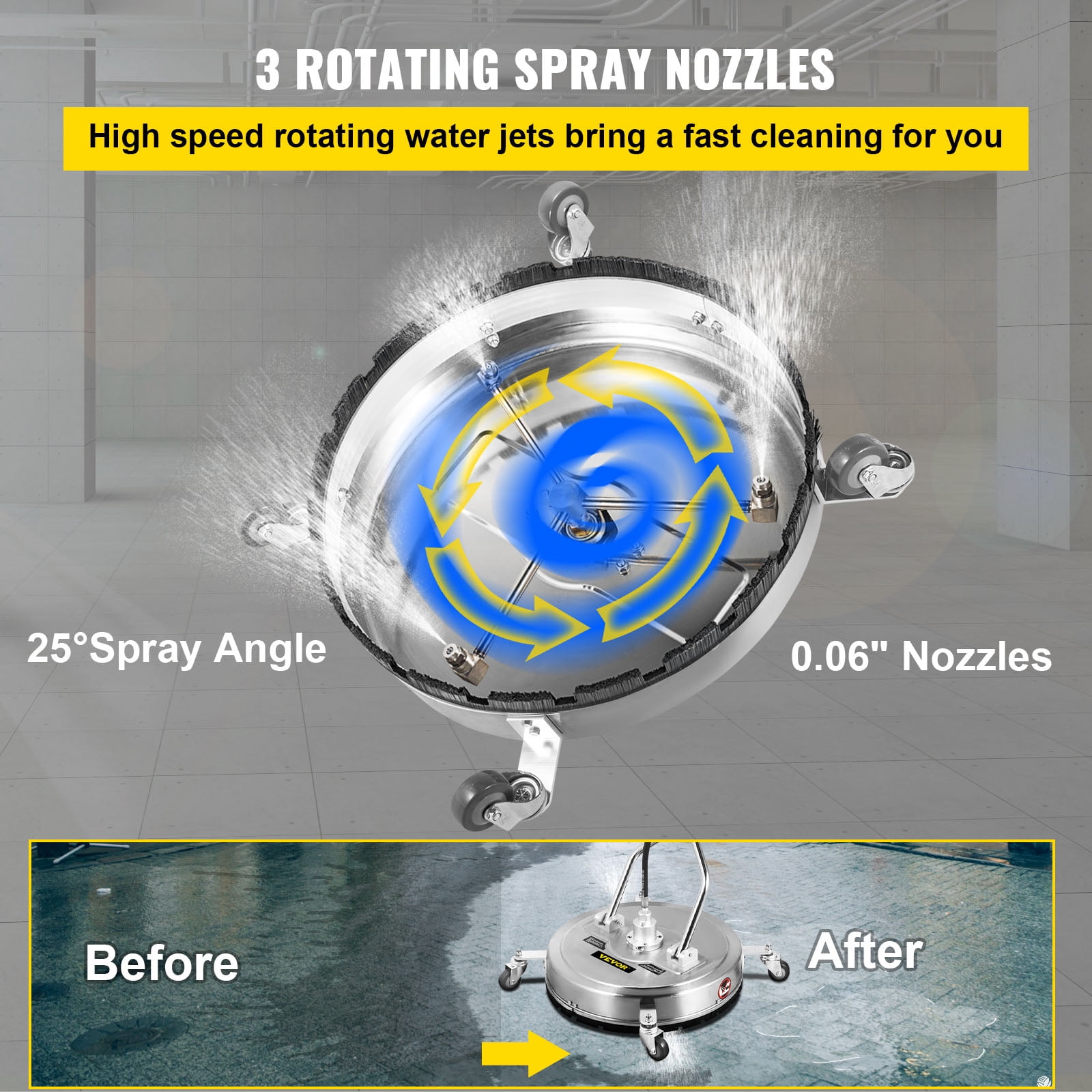 VEVOR 24 inch Surface Cleaner Pressure Flat Surface Cleaning 4000 PSI Max Working Pressure Flat Surface Cleaner Stainless Steel Rotating Surface Cleaner with 3 Nozzle Front Spray Bar