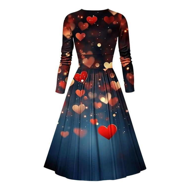 Jinhomg Womens Vintage Cocktail Dress Love Cute Valentine's Day Heart Print Party Dress Flowy Swing Long Sleeve V-Neck Midi Dresses Navy XL, Women's,