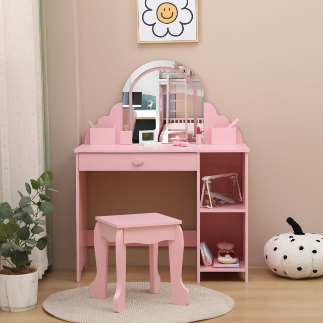 EDTara Lighted Vanity Set for Kids, Girls Dressing Table and Stool with LED Mirror, Drawer & Storage Shelves for Ages 3-9