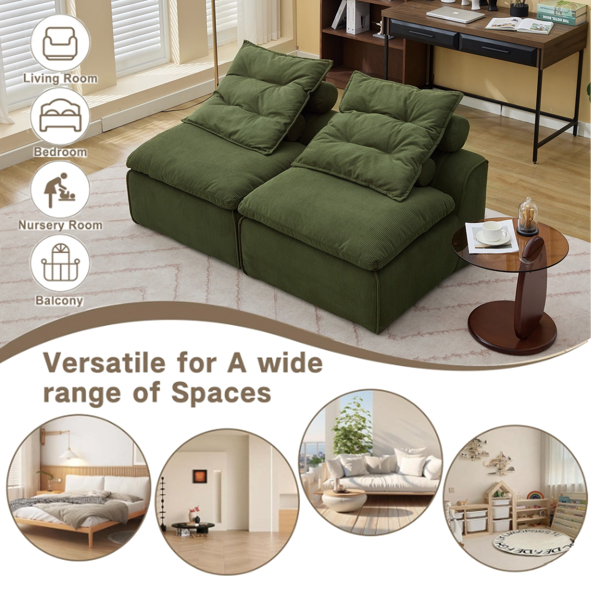 Modular Sofa,Soft Corduroy Fabric Loveseat Sofa for Living Roo,Upholstered Sofa Couch will DIY,No Armrests,Green