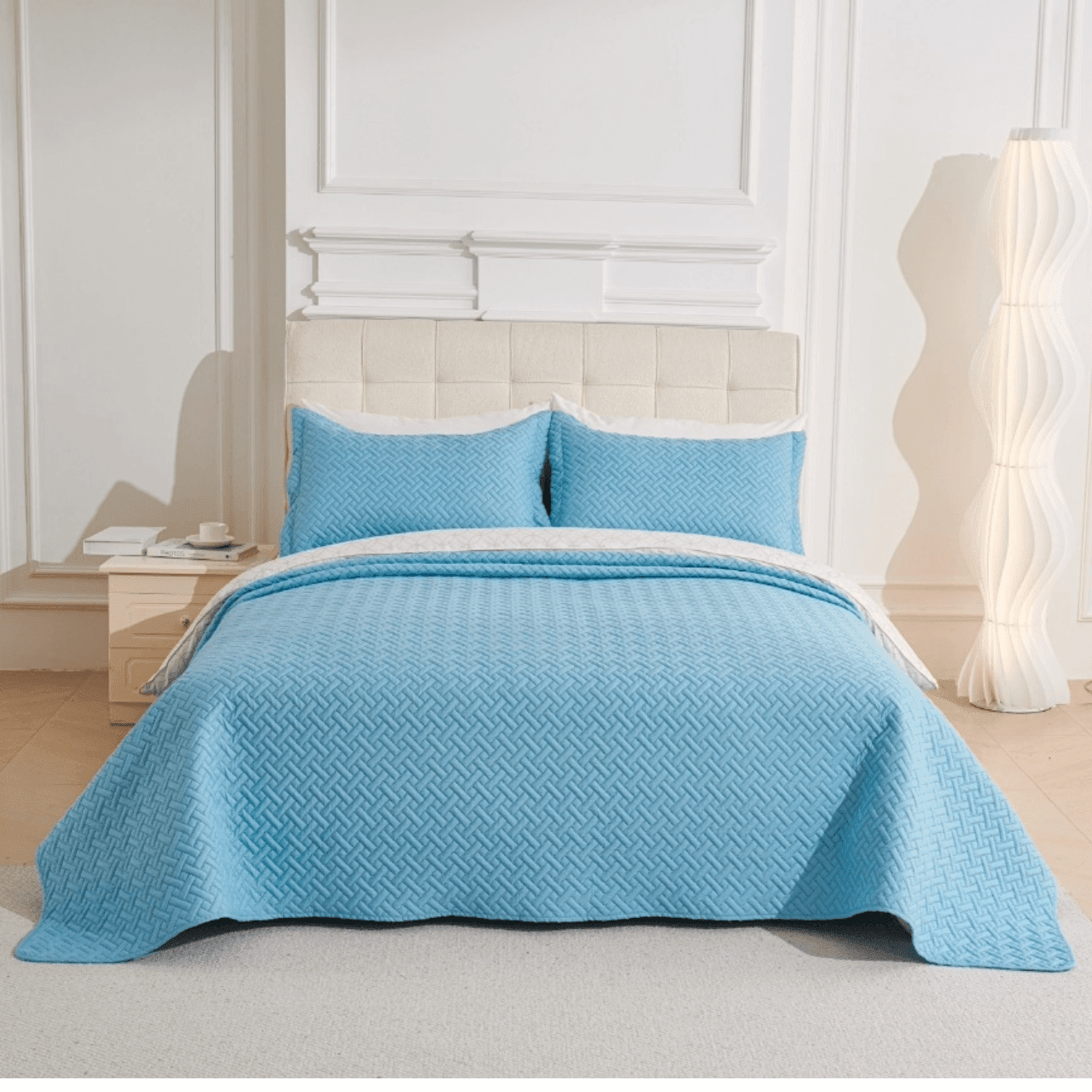 Legacy Decor Modern Abstract Blue Geometric 3-Piece Reversible Queen Blue Bedspread