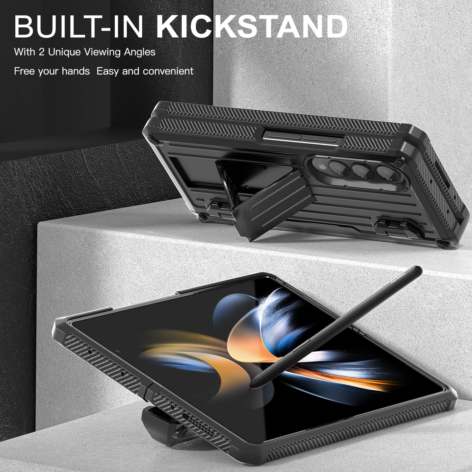 TECH CIRC Case for Samsung Galaxy Z Fold 4 Compatible with MagSafe, Heavy Duty Rugged PC Shockproof Hinge Protection Cover with Hidden Bracket Screen Protector S Pen Holder Galaxy Z Fold 4 Case,Black