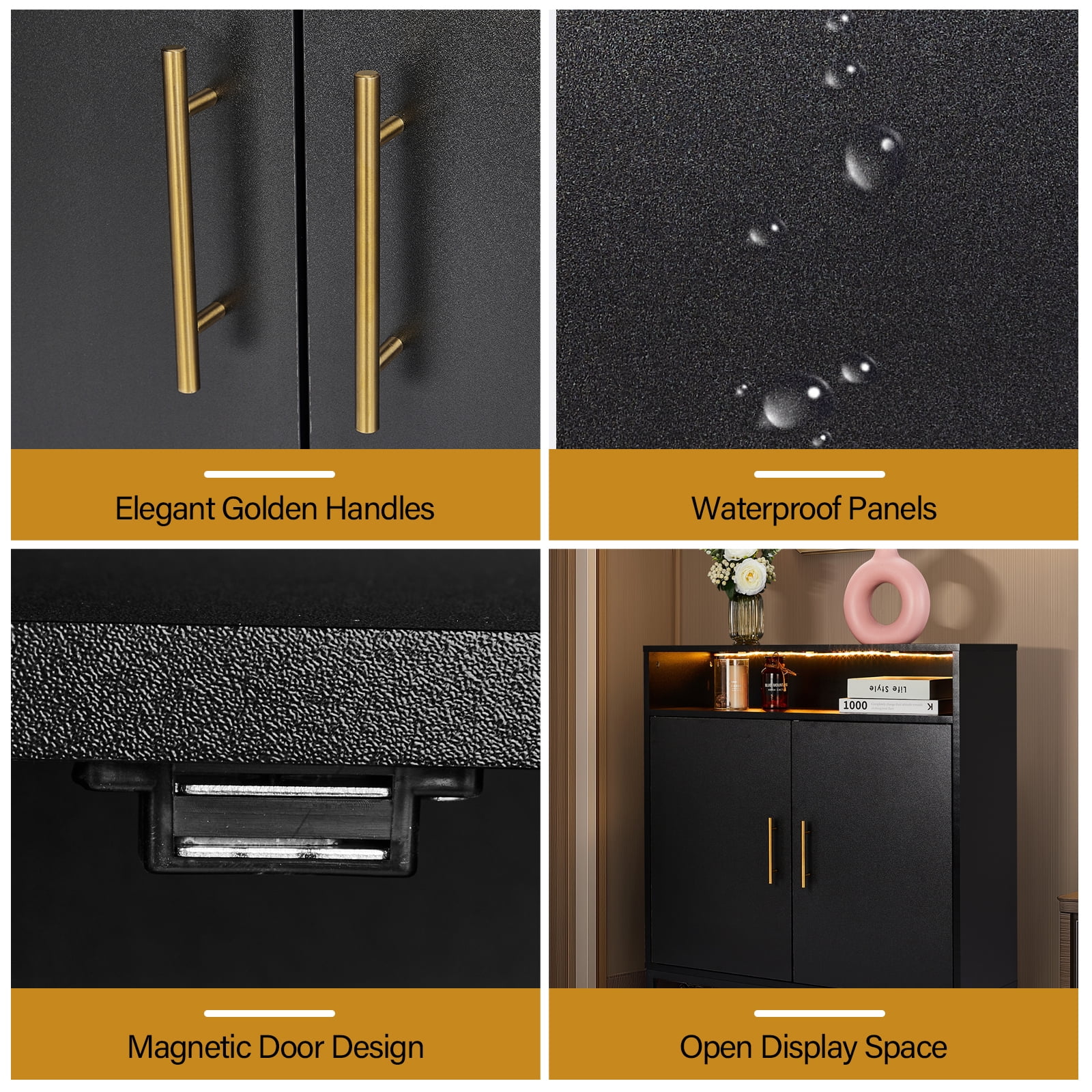 Dual Function Shoe Storage Cabinet with 6-Layer Adjustable Shelves LED Sensor Light Double Door High Foot Black Particle Board Home Organizer