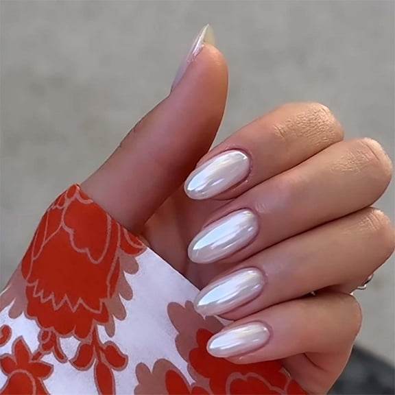 Chrome Press on Nails Short Oval Fake Nails Pearl White False Nails with Design Glossy Glue on Nails Acrylic Nails Full Cover Reusable Artificial Stick on Nails for Women Girls Manicure 24Pcs style