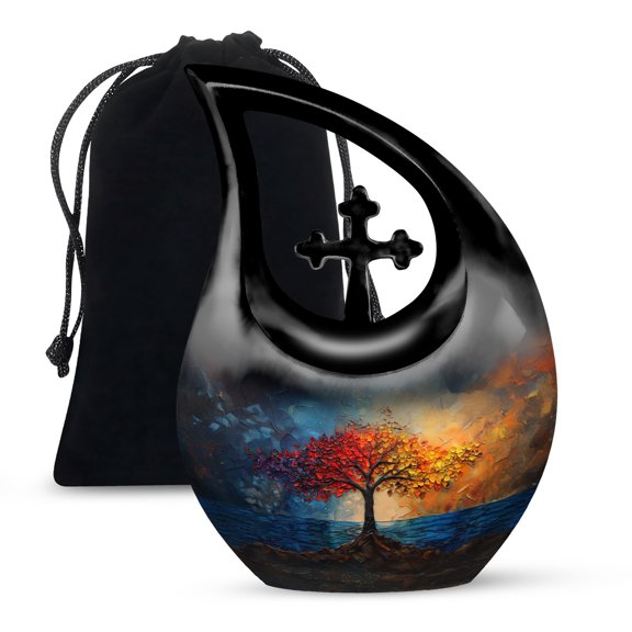 MUKTIVE Tree Burial Urns for Human Ashes Adult Man - Large Blue Cremation Urn for Mother - Cross Drop Decorative Landscape Urn for Ashes for Women - Funeral Urns for Adult Male - 10 Inch