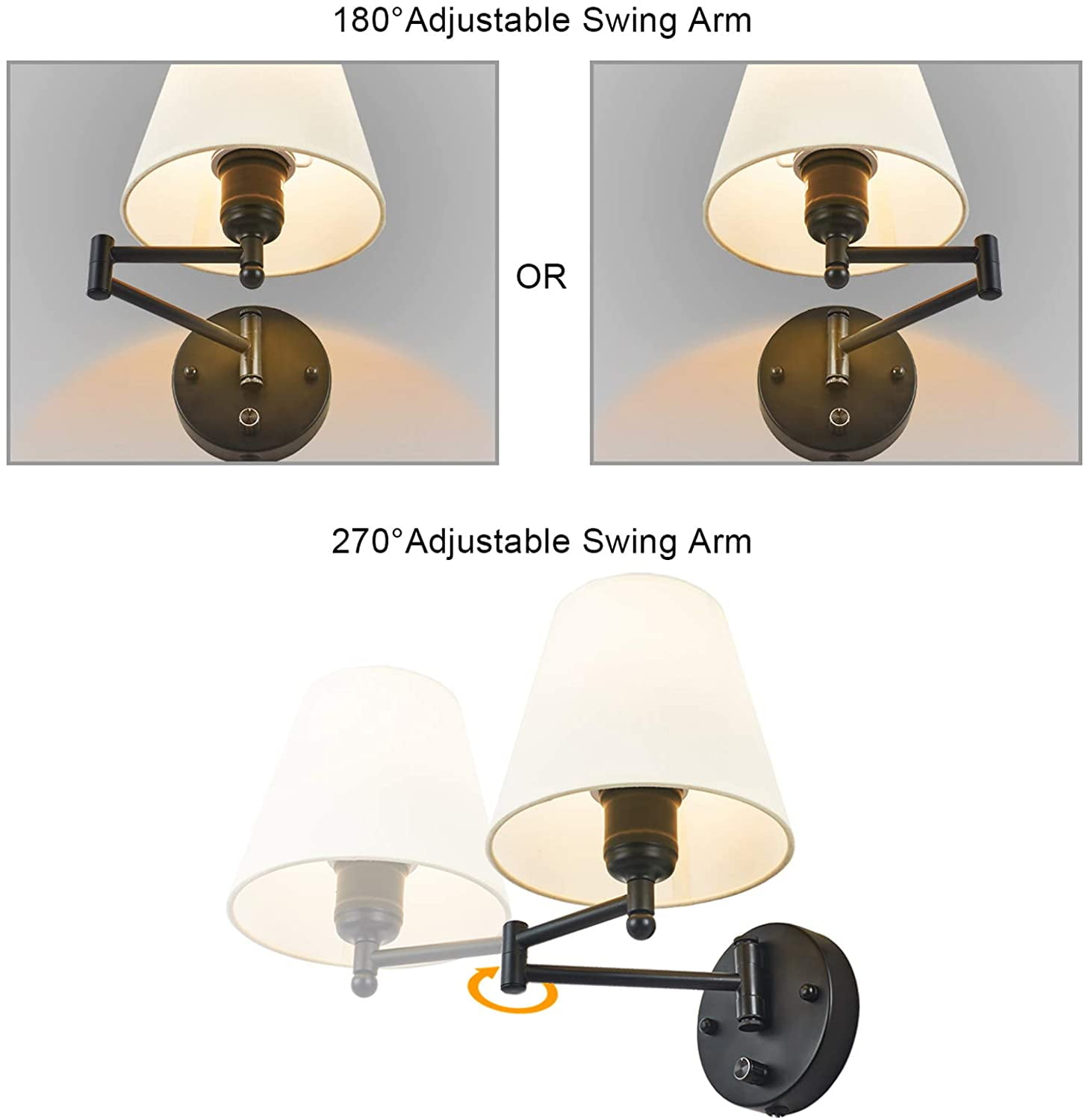 Swing Arm Wall Lamp Plug in Wall Mount Opaque Ivory Linen Shade 40W 2-Way Cord Covers(1 Light)