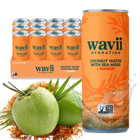 Wavii Organic Coconut Water with Organic Sea Moss plus Mango, 11 fl oz Cans, Pack of 12