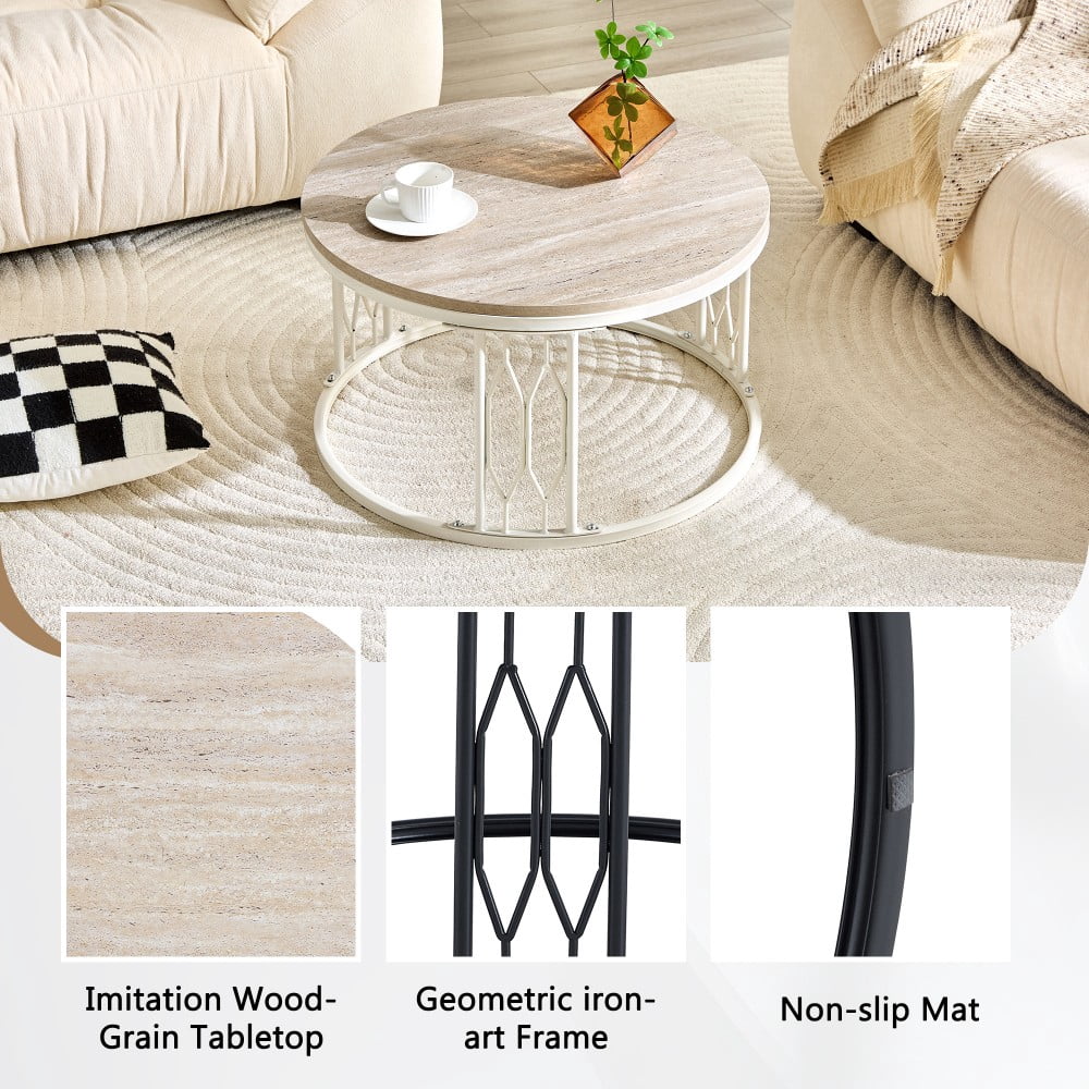 Round Coffee Table, 27.5" Coffee Table with Stone-Effect Travertine Top, Metal Frame, Modern Living Room Table, White