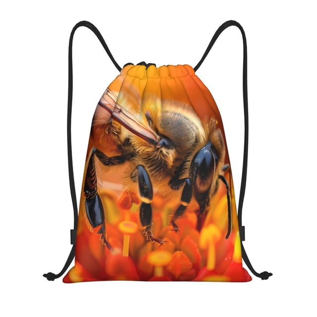Saiise Honeybee On Vibrant Flower Pattern Sports Drawstring Backpack - String Swim Gym Bag with Wet Proof Pocket for Women&Men-Small