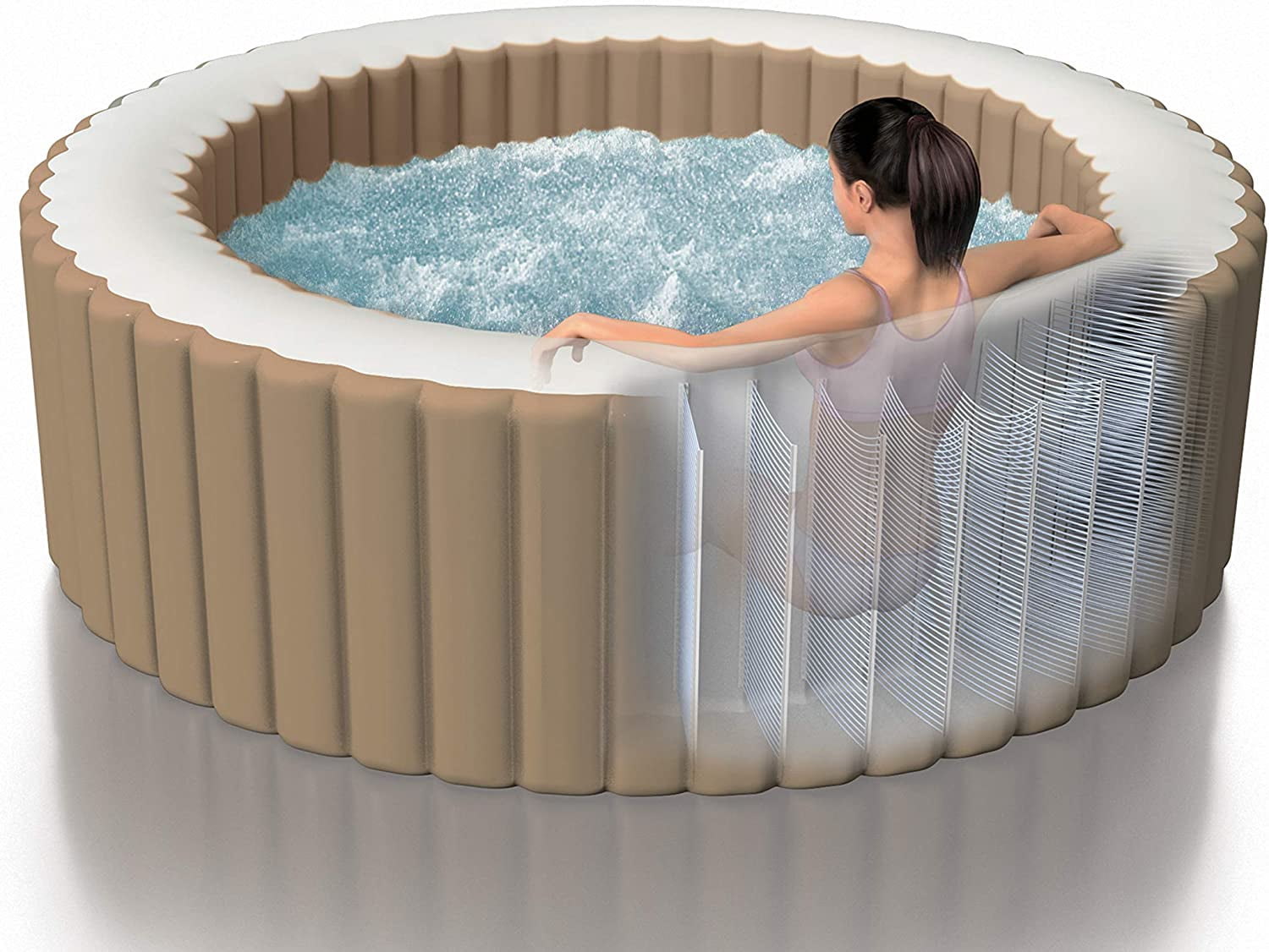 Intex: PureSpa: Sahara Tan Inflatable Hot Tub Set - 6 Person - 85" Round Outdoor Heated Bubble Spa, Jet Massage, Cover, Hard Water Treatment System