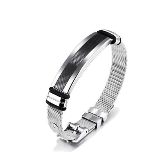 Mens Stainless Steel Bracelet with Bar, Adjustable Mesh Band with Buckle Clasp,Black/Silver