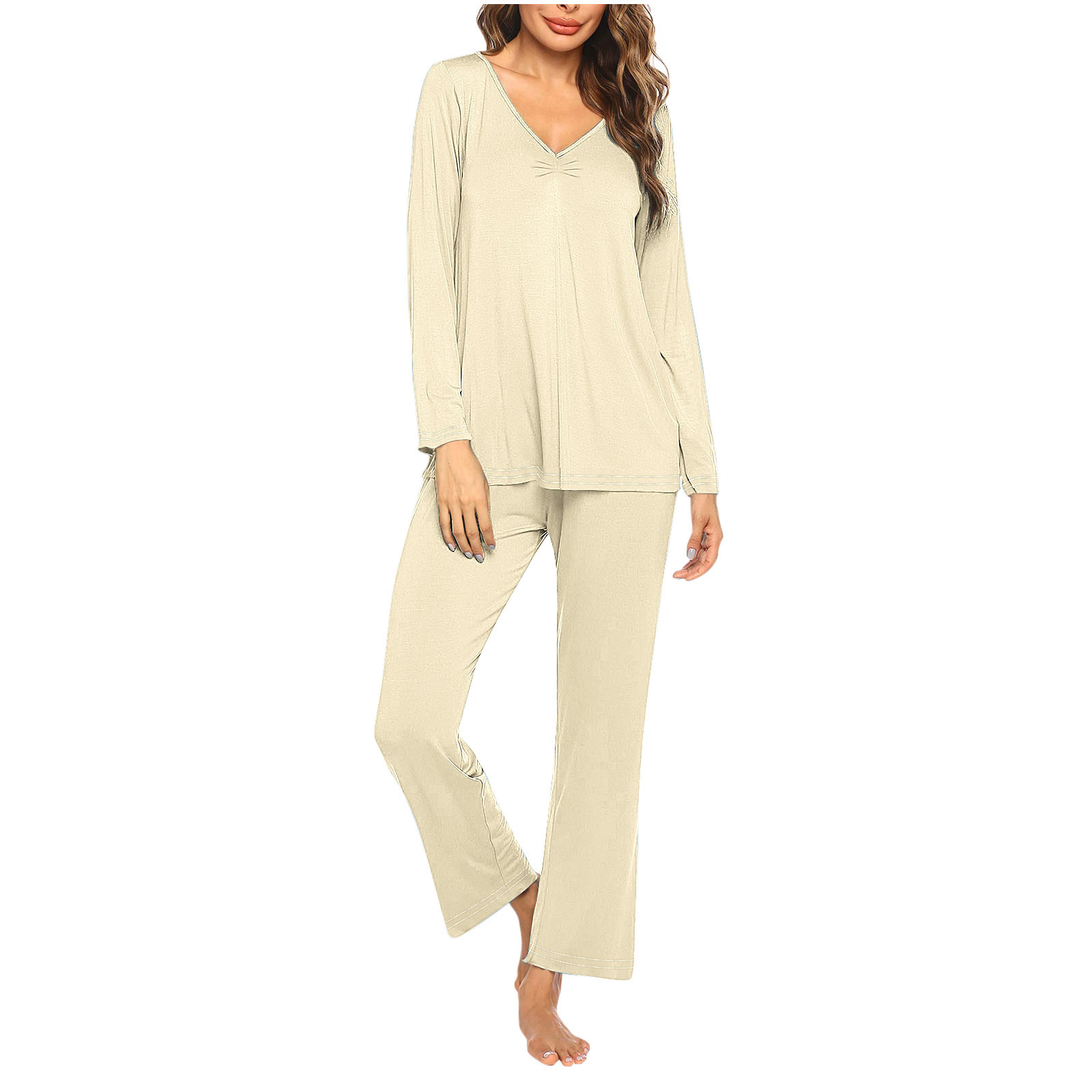Pyjama Femme 2 Pièces Automne-hiver - Pantalon Long Et Haut Col V - Mélange Coton Doux Et Respirant - Confort Parfait Pour La Maison - Lavable En Machine