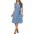 thumbnail image 2 of INSPIRE CHIC Women's Summer Chambray Shirt DressTie Waist Western V Neck Denim Midi Dresses, 2 of 5
