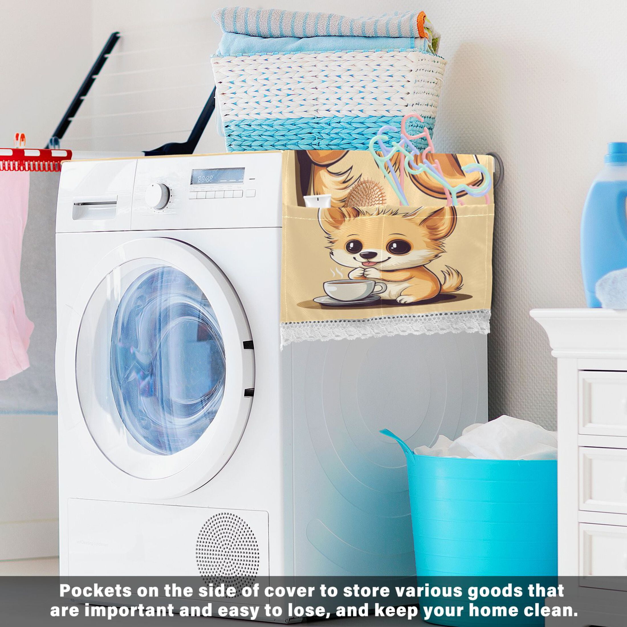 Cartoon Cute Dog Drink CoffeeWasher and Dryer Covers Dust-Proof and Oil Resistant Fridge Cover with 4 Storage Pockets Washing Machine Top Cover for Laundry Kitchen Home 51.2 x 22 In