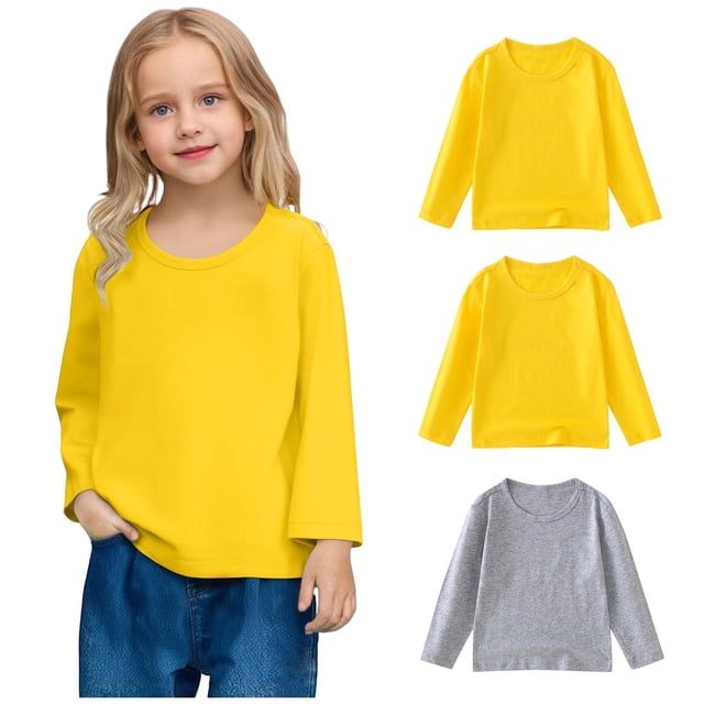 3 Pack Unisex Kids Long Sleeve Solid Pullover Tops T-Shirts