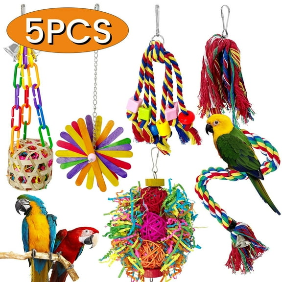 Bird Toys Bird Perch Parakeet Toys with Bell Colorful Bird Chewing Shredding Foraging Swing Climbing Hanging Toys Bird Cage Accessories 5Pcs