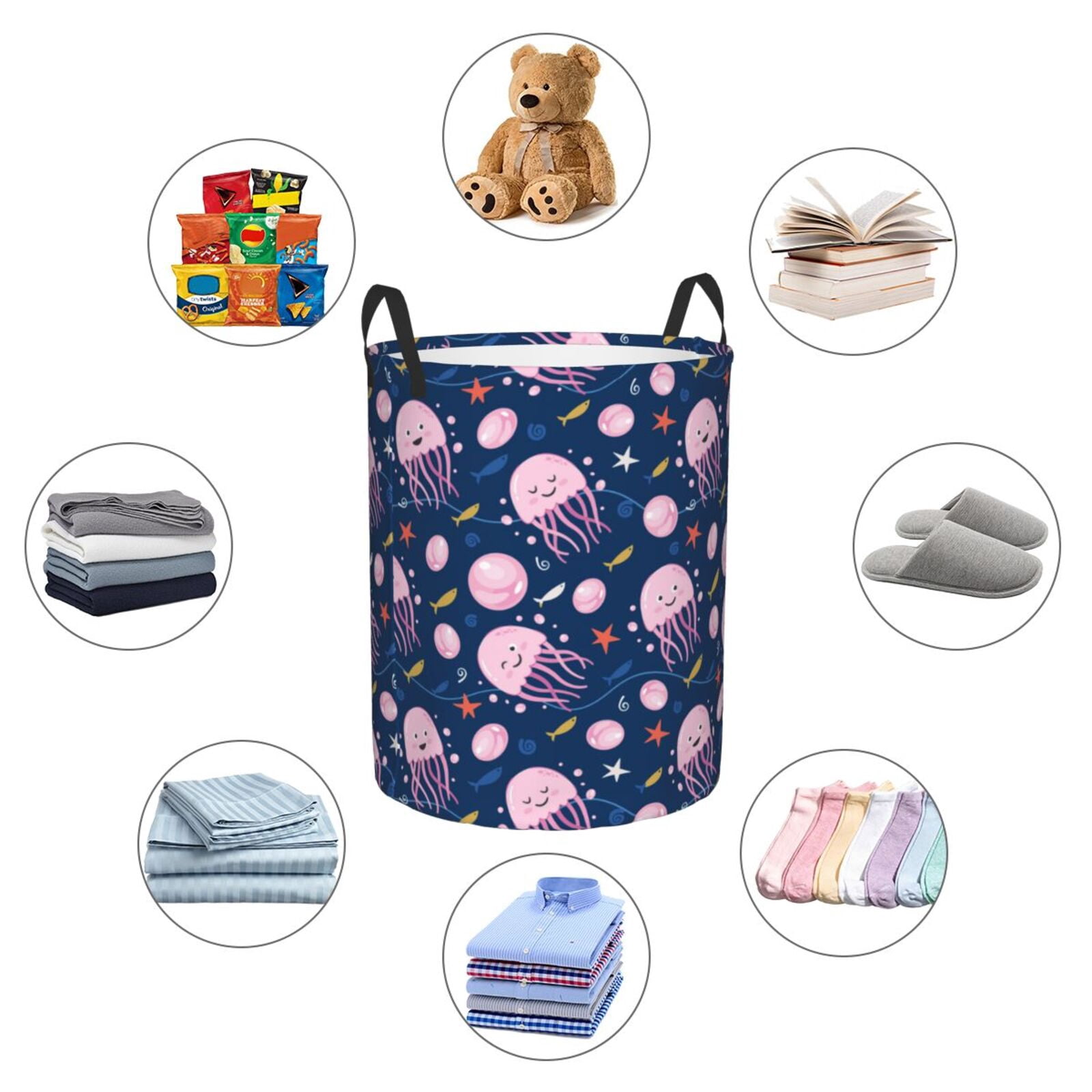 Large Laundry Basket with Handles - Cute Pink Jellyfish Kids Baby Dirty Clothes Laundry Hamper for Bedroom Aesthetic