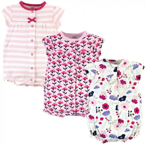 Touched by Nature Baby Girl Organic Cotton Rompers 3pk, Pink Botanical, 12-18 Months