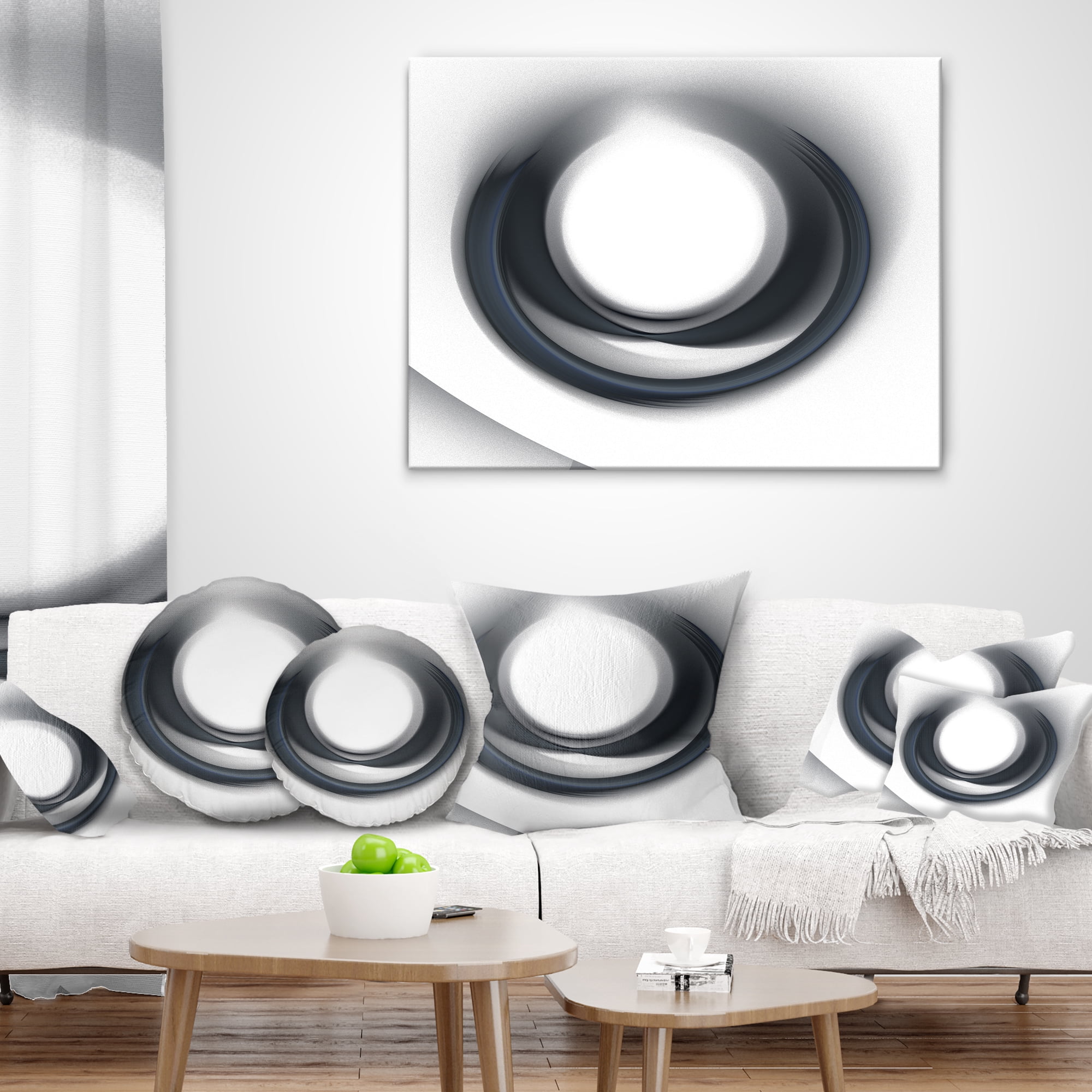 Designart Large Fractal Black Circle on White - Abstract Throw Pillow - 12x20