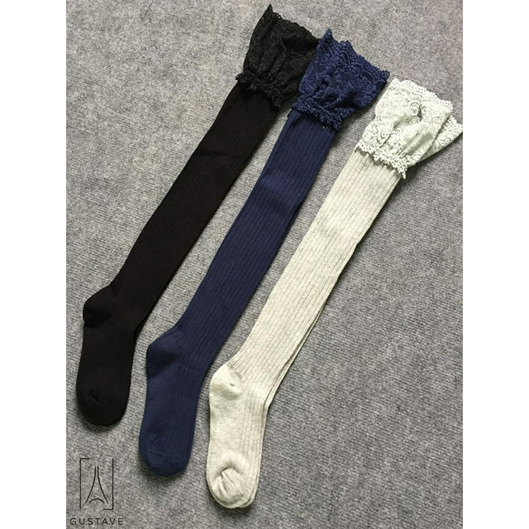 Gustave Over the Knee Knit Long Thigh High Stockings Lace Plain Leg Warmers  Boots Socks for Girls Women Navy
