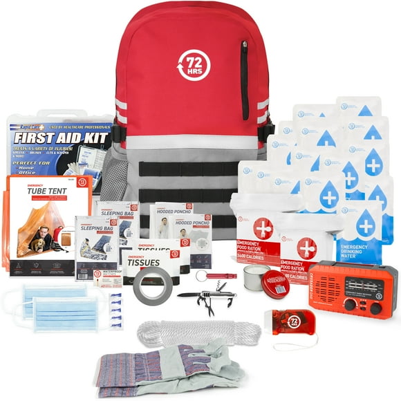 72 HRS Deluxe Emergency Survival Kit - Heavy Duty 72 Hour Bug Out Bag Survival Kit for Earthquake, Hurricane, Tsunami, Winter, Blackout - Includes Emergency First Aid Kit, Water, Food (Red 2 Person)