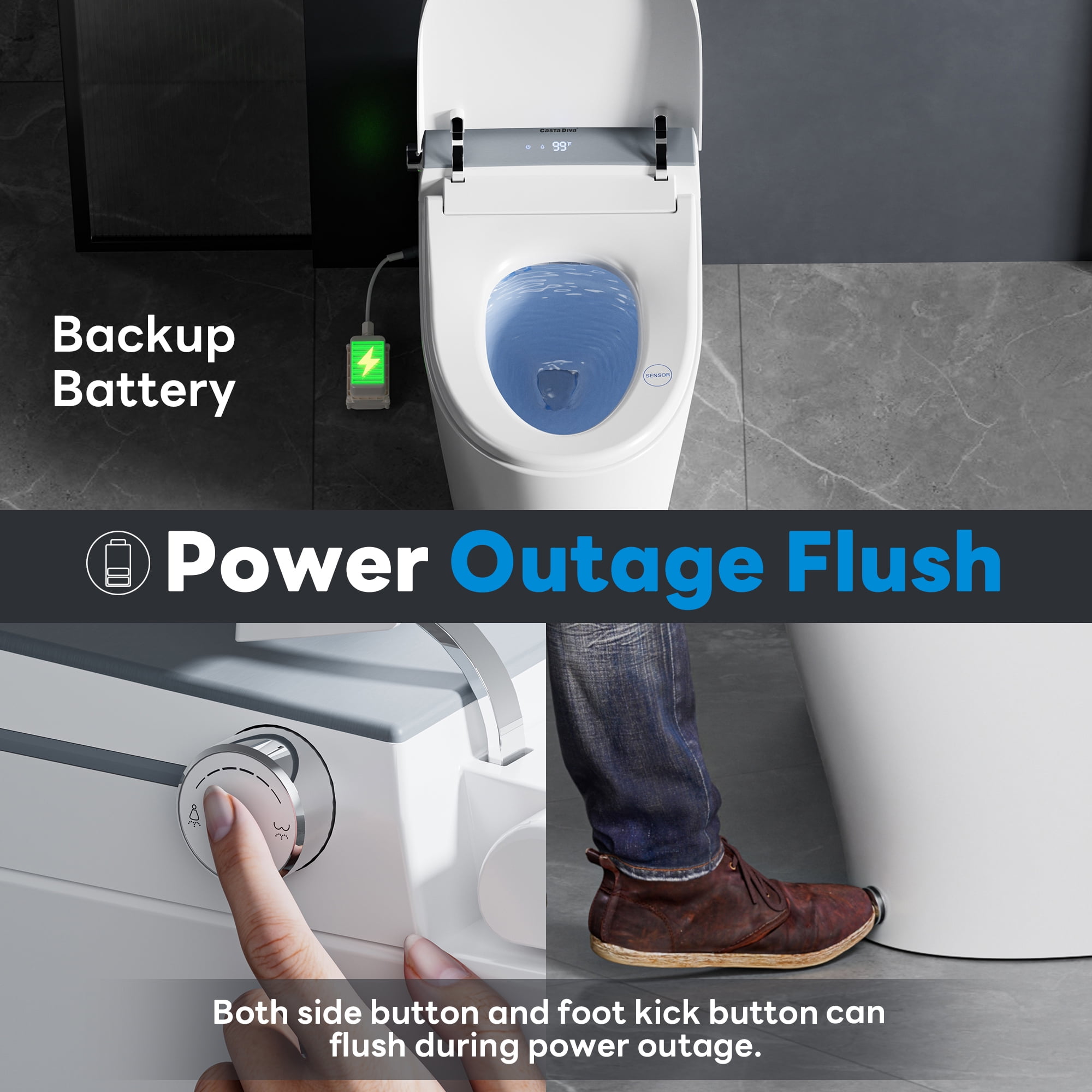 Casta Diva Smart Toilet Elongated Bidet Toilet, Built-in Tank & Pump for Powerful Flush, Auto Open/Close Lid, Heated Seat, Warm Air Dryer, Wireless Remote Control