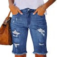 thumbnail image 1 of Pantalones cortos de verano de talle medio para mujer, pantalones cortos desgastados con cremallera y botones elásticos informales a la moda con bolsillos, 1 of 5
