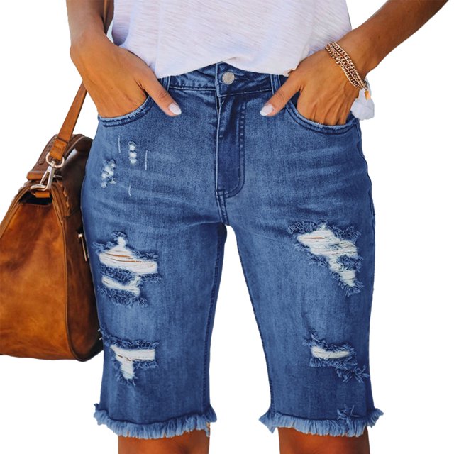 Pantalones cortos de verano de talle medio para mujer, pantalones cortos desgastados con cremallera y botones elásticos informales a la moda con bolsillos