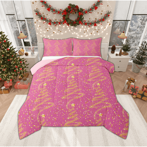 Manfei Dreamy Xmas Tree Bedding Comforter Set for Teen, Gold Stars Print Twin Comforter Sets, Fairy Tale Christmas Reversible Bedding Set, Microfiber Bedroom Decor, 2pcs