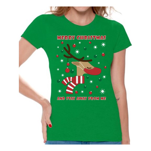 Merry Christmas Women T Shirts Happy Holidays Shirt for Women Funny Deer Top Xmas Gifts Xmas 2020 Outfit Cute Reindeer Shirt for Women Christmas Tee for Her Stay Away From Me T-Shirt