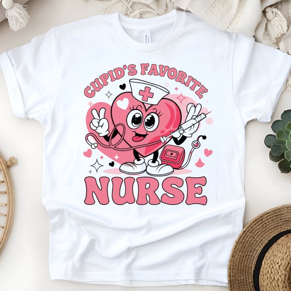 Cupid’s Favorite Nurse Graphic T-Shirt with Cartoon Heart Design, White, Size S
