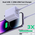 thumbnail image 4 of Dual Port Purple Fast Charger【MFi Certified】Compatible with iPhone14/13/12/11/X,Dual Port USB C Charger,Fast Charging Block,Quick USB C Wall Charger Plug with Type C Lightning Cable, 4 of 7