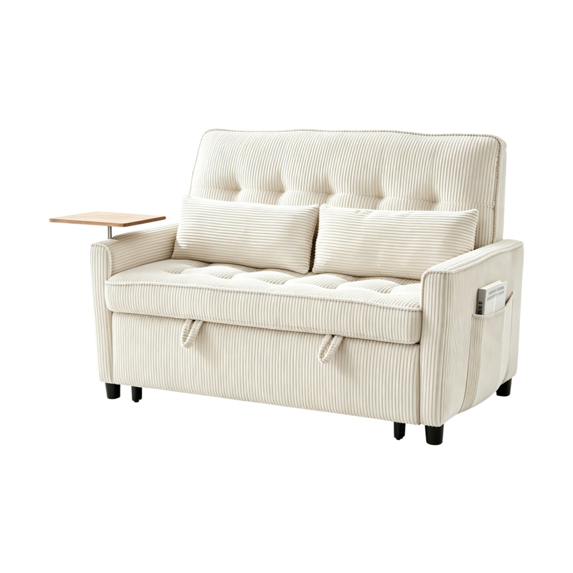 Vinform 3 in 1 Convertible Sleeper Sofa Bed, 55" Corduroy Pull Out Loveseat with Arm Table for Small Space, Beige