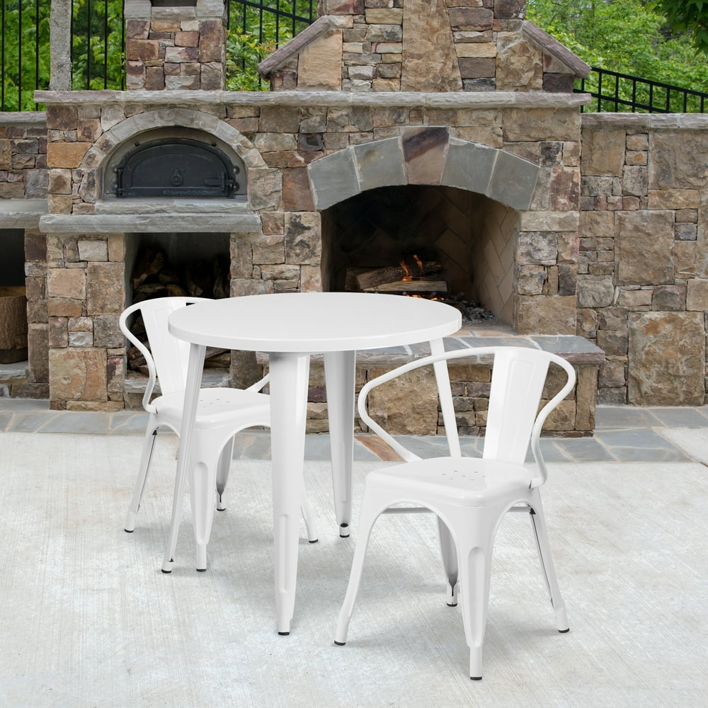 Commercial 30" Round White Metal IndoorOutdoor Table Set with 2 Arm