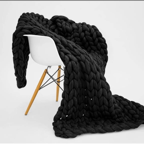XmhyTop-A 80x80cm Chunky Knitted Throw Blanket Handmade Stretch Knit Blanket for Sofa, Bed, Chair, Soft Warm Decorative Blanket,Black
