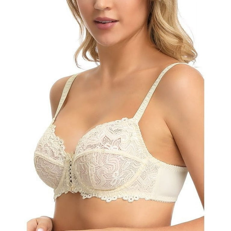 Wingslove Women's Sexy Lace Balconette Push Up Bra Plus Size Sheer Unpadded  Underwire Unlined See Through Bra,White 44G 