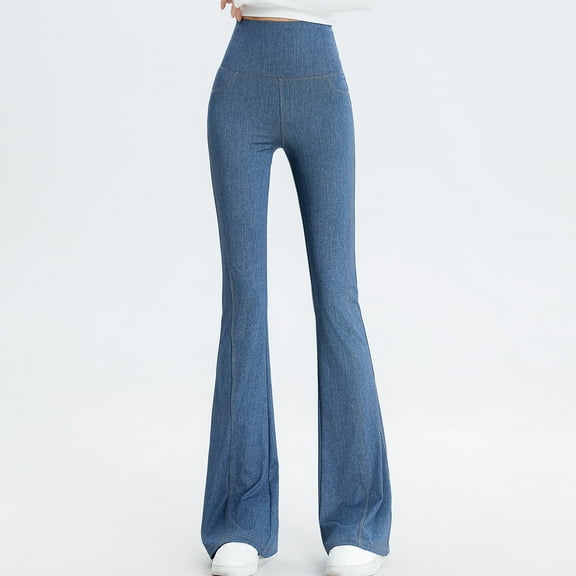 YanHoo Women's Bell Bottom Jeans High Waisted Belly Control Wide Leg Stretchy Flare Pants Jeggings Pull On Denim Pants with Pockets Blue,L