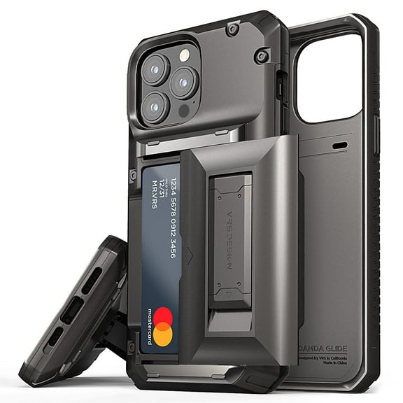 VRS DESIGN Phone Case for iPhone 13 Pro Max, [Damda Glide Hybrid] Functional Sturdy Card Slot Holder Case with Kickstand (Metal Black)
