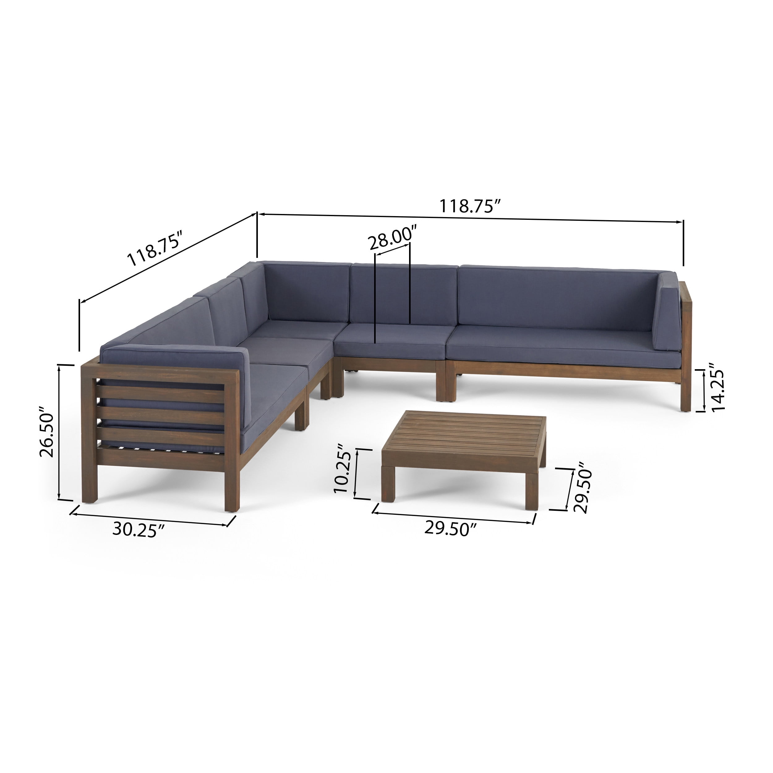 Frankie Outdoor 7 Seater Acacia Wood Sectional Sofa Set, Gray and Dark Gray