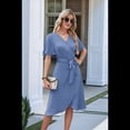 thumbnail image 4 of Vestido Cruzado para Mujer, Cuello en V, Corta, Lazo en la Cintura, Volantes, Abertura, Vestido Informal Midi, Gris Azul, Talla M, 4 of 9
