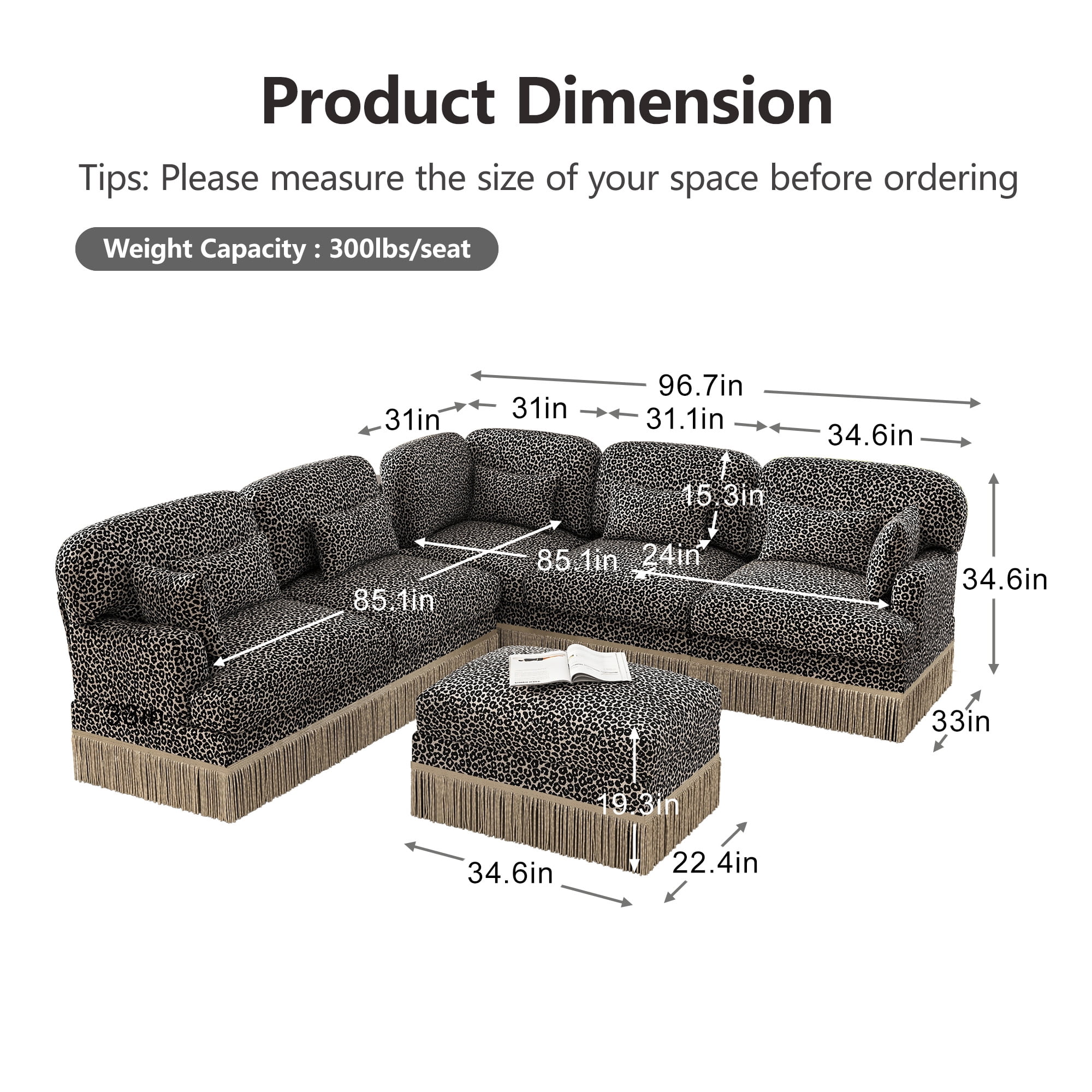 130" U Shaped 6 Seater Large Modular Sectional Corner Sofa with 7 Pillows and Ottoman