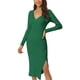 thumbnail image 1 of Vestido de suéter midi de punto ajustado con cuello en V y frente retorcido de manga larga para mujer, con abertura lateral, color verde, 1 of 7