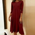 thumbnail image 2 of PUMISAS Summer 3/4 Sleeve Dresses For Women Crew Neck Solid Color Pleated Dress Comfortable Casual Loose Dress Mid-Length Dresses With Side Pockets, 2 of 5